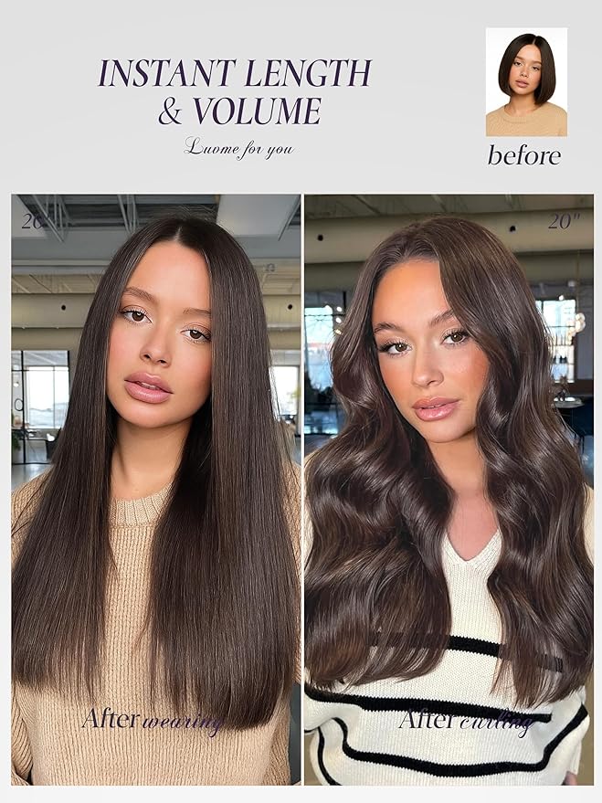 LUVME Handmade Weft Clip in Hair Extensions Human Hair 16 Inch 120g 7pcs Rich Mocha Brown Straight Seamless Natural Blend, Comfortable Grip Clips