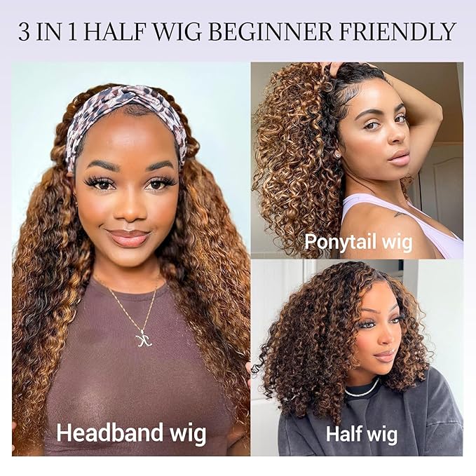 Highlight Headband Wig Human Hair Deep Wave Half Wig Human Hair 4/27Honey Blonde Curly Headband Wigs for Black Woman Brazilian Glueless None Lace Front Wigs 180% Density Human Hair Wigs 18nch