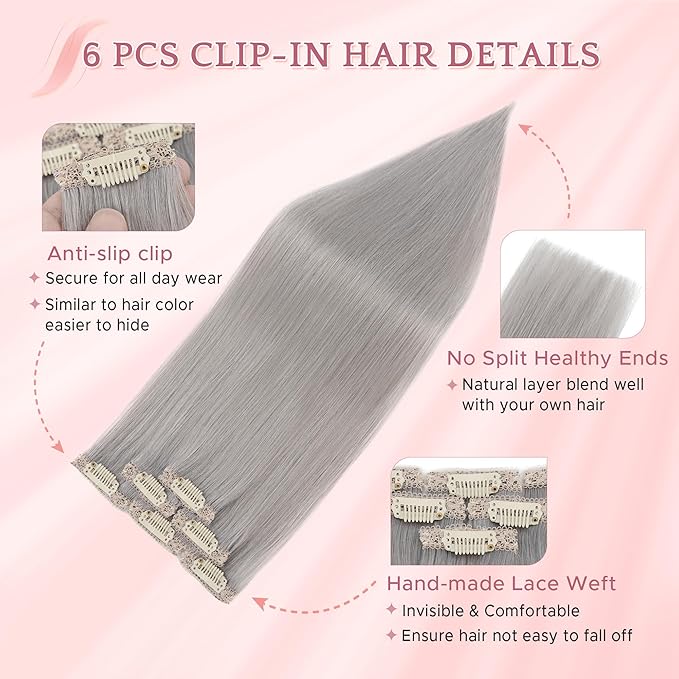 SEGO Clip In Short Hair Extensions Real Human Hair Single 6 Pcs Silver Grey Individual Clip Ins Remy Straight Soft Seamless Hairpieces for Women -12 Inch #G1 Grey