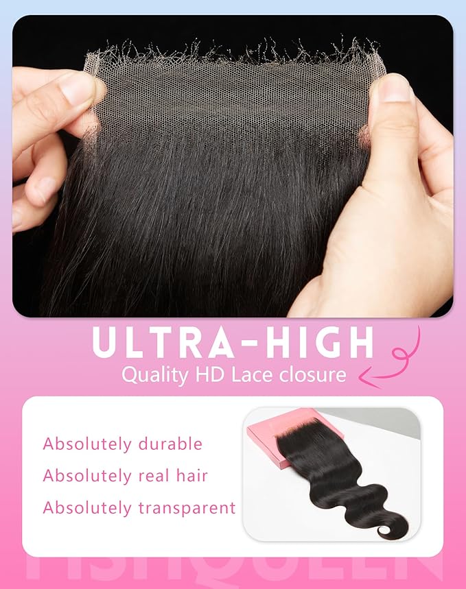 5x5 HD Lace Closure Skinlike Transparent Frontal HD Lace Body Wave Human Hair 0.095mm Ultra-Thin Invisible Closure Only Pre-Plucked Bleached Knots Brazilian With Baby Hair(5x5 Natural Black 22 Inch)