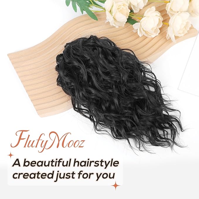 Flufymooz Ponytail Extension, 12" Short Claw Ponytail Extension Wavy Curly Jaw Clip in Pony tails Hairpiece Natural Synthetic Hairpiece for Women (Natural Black)