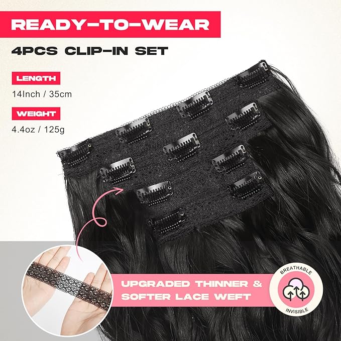Hair Extensions, 14" Short Clip in Hair Extensions 4PCS Beach Wave Blonde Natural Soft Synthetic Hairpiece for Women - Black Brown