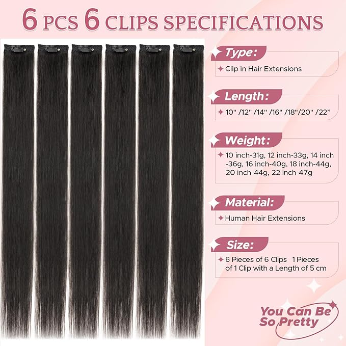 Clip in Hair Extensions Real Human Hair for Women, 20 Inch 44g 6pcs, Natural black, Straight - Highlight, Add Volume and Length for Daily Wear, Parties, Weddings