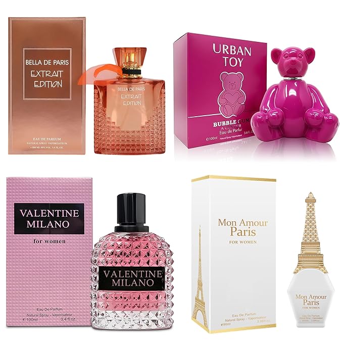4PCS Perfume Set for Women - Floral Fragrance Gift Set with Vanilla,Sweet Fruity, Eau De Parfume| 3.4 Fl Oz Each Women's Cologne(Valentine Milano,Mon Amour Paris,Bella De Paris,Urban Toy)