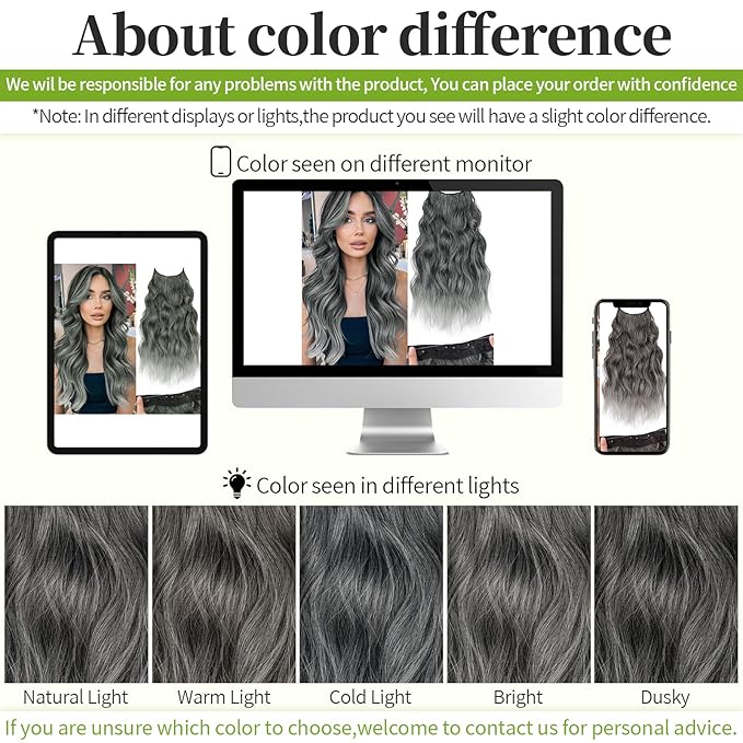 KooKaStyle Invisible Wire Hair Extensions with Transparent Headband Adjustable Size 4 Secure Clips Long Wavy Secret Wire Hairpiece 20 Inch Grey/Sliver Mixed for Women