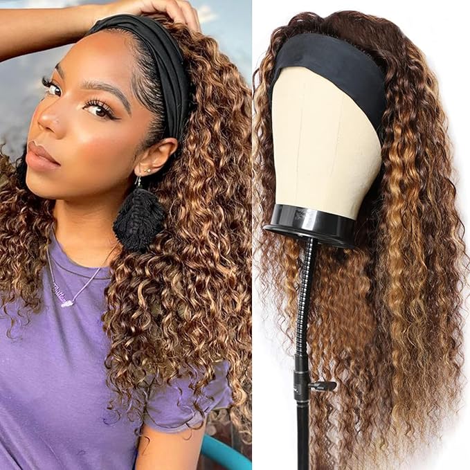 16nch Highlight Ombre Headband Wig Human Hair Deep Wave Human Hair Wigs for Black Women #4/27 Honey Blonde Glueless Machine Made Brazilian Virgin Deep Wave Half Wig Human Hair