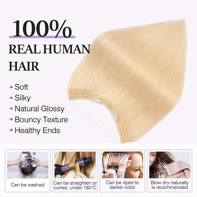 Halo Hair Extensions Real Human Hair,Halo Hair Extension 100% Human Hair, Wire Hair Extensions,Straight 60 Platinum Blonde 22 inch/75g