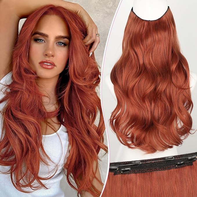 Invisible Wire Hair Extensions Layered Long Wavy Hairpiece for Women Transparent Wire Adjustable Size 6 Secure Clips Invisible Headband Hair Extension Auburn Color 20 Inch