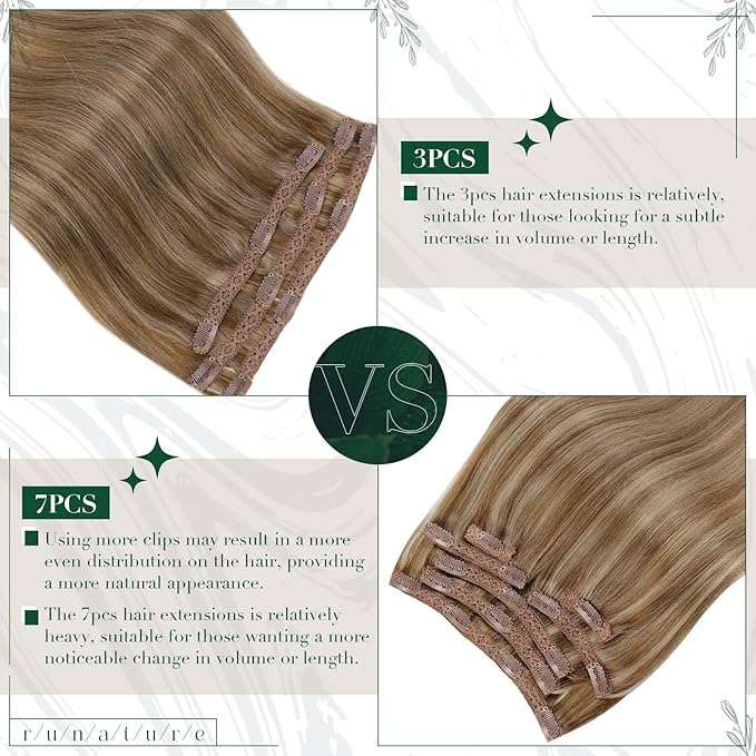 RUNATURE Blonde Human Hair Clip-in Extensions 20 Inch Real Human Hair Dark Blonde Highlight Hair Extensions Remy Hair Extensions Double Weft Full Ends 50g 3pcs