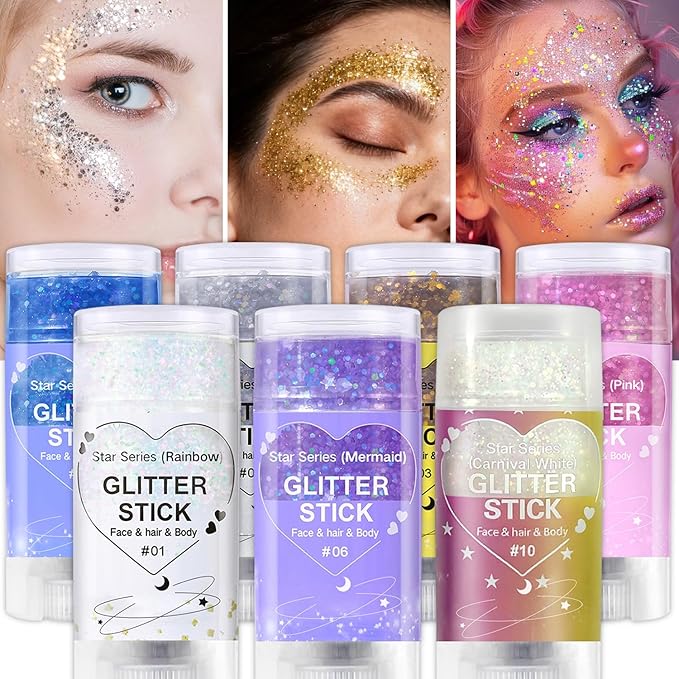 Gold Body Glitter Stick, Sparkling Hair Glitter Makeup for Kids and Women, Waterproof Face Hair and Body Glitter Makeup, Rave Accessories Carnival Chunky Sequins