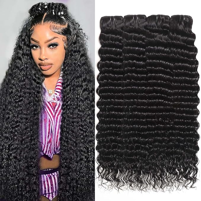 Brazilian Deep Wave Human Hair Bundles 20 22 24 26 Inch 12A Grade 100% Unprocessed Virgin Remy Deep Curly Human Hair Wet and Wavy Extensions 4 Pcs Deep Wave Bundles