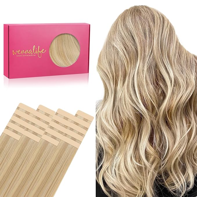 WENNALIFE Tape in Hair Extensions Human Hair, 20pcs 50g 14 inch Light Blonde Highlighted Golden Blonde Remy Hair Extensions Straight Human Hair Tape in Extensions Skin Weft Tape Extensions Human Hair