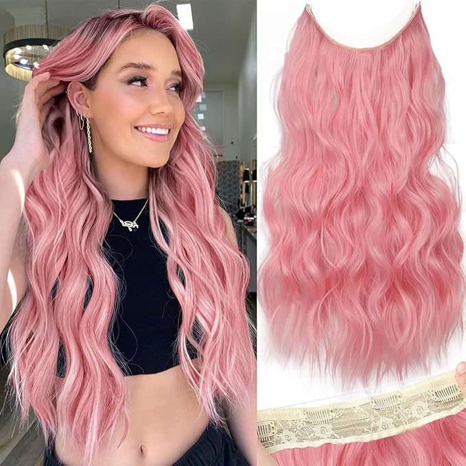 KooKaStyle Invisible Wire Hair Extensions with Transparent Headband Adjustable Size 4 Secure Clips Long Wavy Hairpiece 20 Inch Sakura Pink for Women
