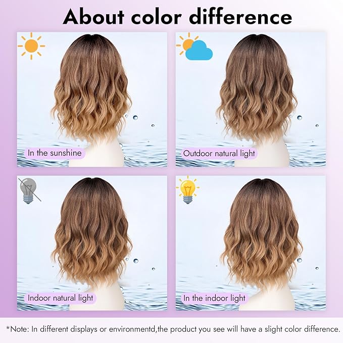 Brown to Honey Blonde Short Wavy Wig for Women Lace Hairline Bob Style Synthetic Heat Resistant - Natural Appearance for Everyday Hairstyle 14 Inch