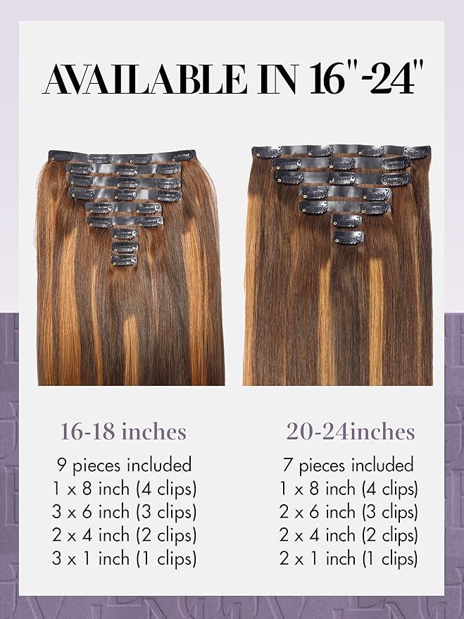 LUVME Seamless Clip in Hair Extensions, 20 Inch 135g 7pcs #4/27 Hair Extensions Clip in Human Hair Invisible PU Skin Weft Natural Remy Human Hair