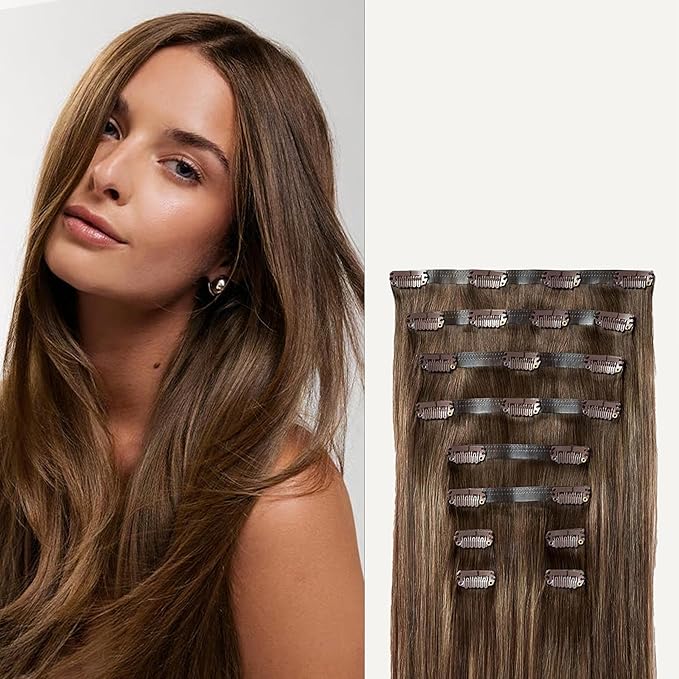 Luxy 100% Remy Human Hair - Seamless Clip-In Hair Extensions - Multi-Dimensional Color for Natural Blending, Adds Volume & Length 180 grams 20" Dimensional Rooted Sunkissed Brown