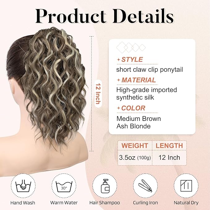 Flufymooz Ponytail Extension, 12" Short Claw Ponytail Extension Wavy Curly Jaw Clip in Pony tails Hair Extension Natural Synthetic Hairpiece for Women (Medium Brown Ash Blonde)