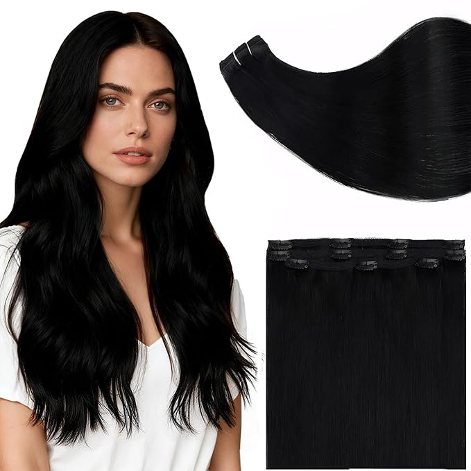 Full Shine Clip in Human Hair Extensions 18 Inch Hair Extensions Real Human Hair Lace Weft Clip in Hair Extensions Jet Black Clip in Extensions Straight Hair 3 Pcs 60 Grams