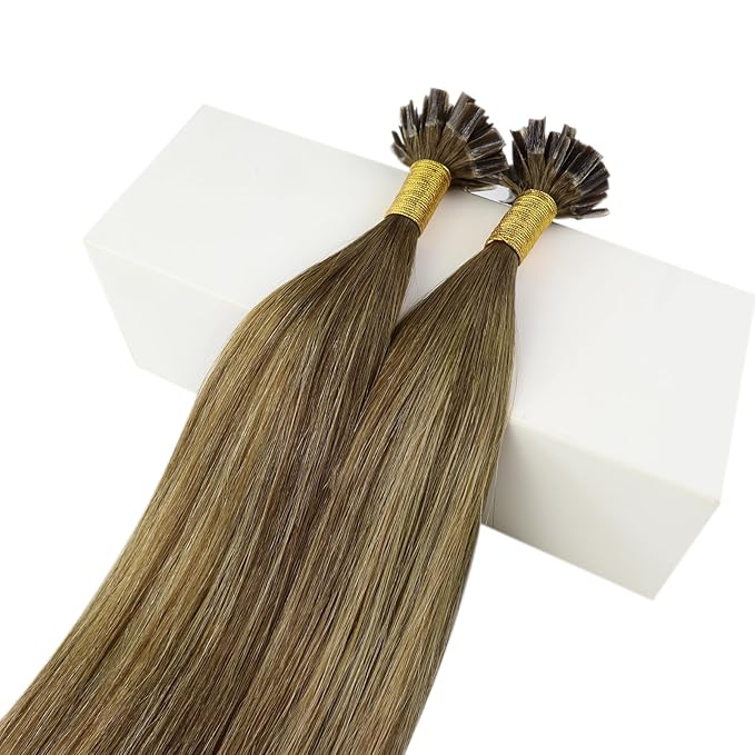 Fshine K Tip Real Human Hair Extensions 18 Inch Fusion, Dark Brown to Caramel Blonde & Chocolate Brown Balayage, Keratin Bondings, Remy Hair, 50g/50s