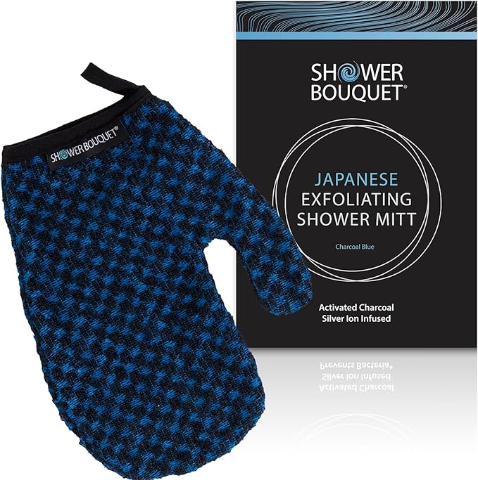 Japanese Exfoliating Mitt for Shower [1-Pack, Blue] - Charcoal & Silver Ion Exfoliating Glove - Gentle Exfoliation & Deep Cleansing Shower Mitt - Exfoliating Body Scrubber Glove, Soft Fabric Inside