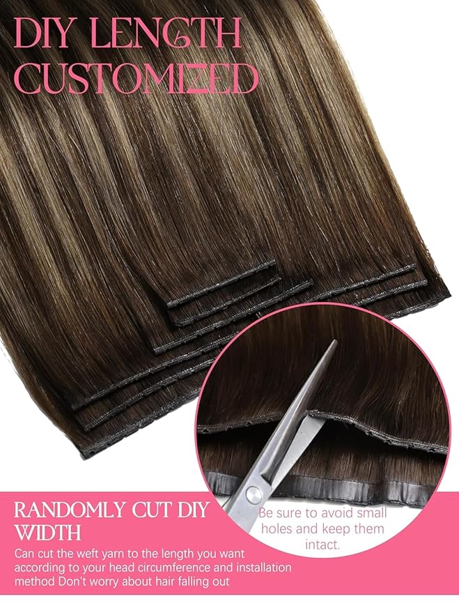 Lacer Butterfly Invisible Weft Human Hair Extensions 14 Inch Micro Beaded Double Wefts Hair Extensions Chestnut Brown Mixed Dark Brown With Dark Brown Roots Handmade Twin Tabs Weft Width 31.5" 100G