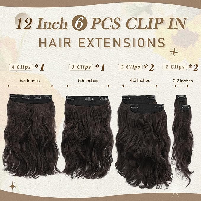 BARSDAR Wavy Clip in Hair Extensions - 12 Inch Dark Brown Clip in Hair Extensions for Women - 6PCs Full Head Thick Soft Synthetic Clip-ins Hairpieces Daily Party Halloween - Dark Brown