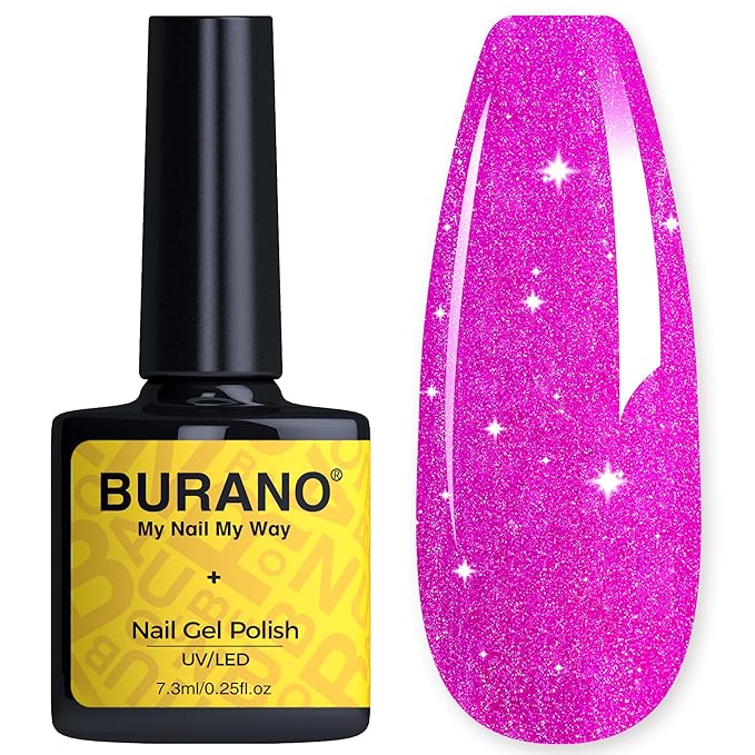 BURANO Glitter Gel Nail Polish with LED UV Cure, Shimmer Holographic Effect - Sparkle Gel for Home DIY Salon (Rose Purple LP56)