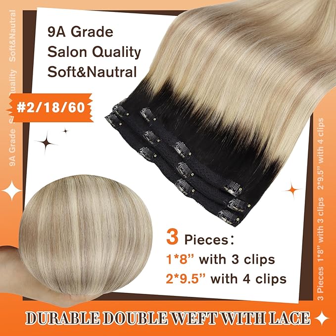 Full Shine Ombre Clip in Hair Extensions Brown Rooted to Ash Blonde and Platinum Blonde 14 Inch Real Hair Extensions Clip in Brown Ombre Ease of Use 3 PCS 60 G