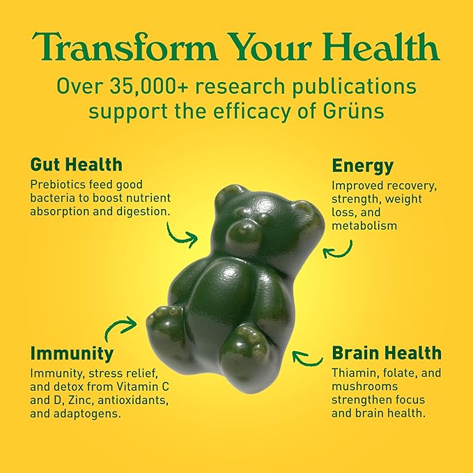 Gruns Adults Super Greens Multivitamin Gummies, Superfood Vitamin Gummy Bears with Spirulina, Chlorella, Prebiotic Fiber for Digestive Health, Adaptogens Supplement, 20 Vitamins & Minerals, 28 Count