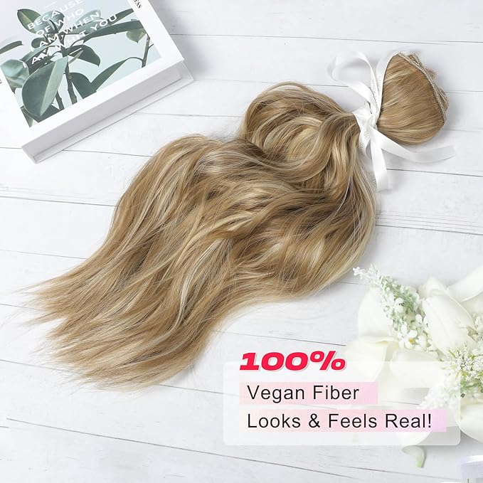Hair Extensions, 14" Short Clip in Hair Extensions 4PCS Beach Wave Blonde Natural Soft Synthetic Hairpiece for Women - Golden Blonde with Highlights