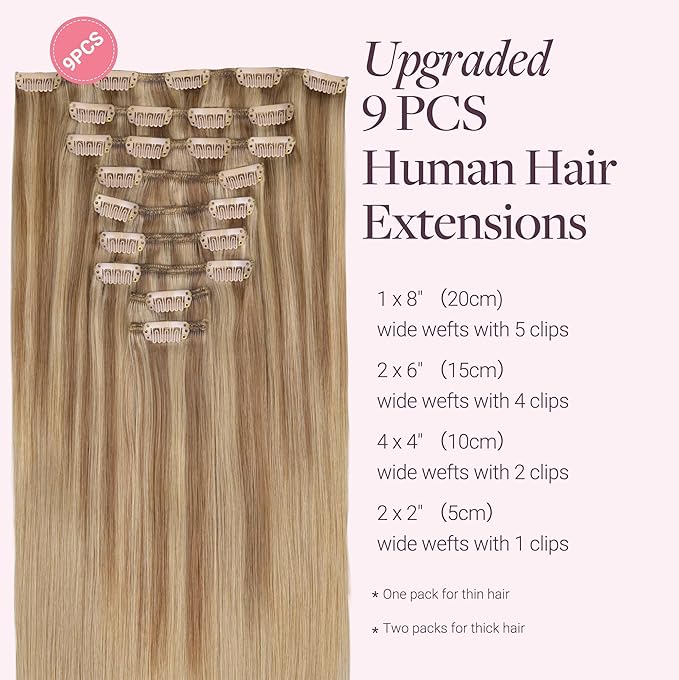 GOO GOO Clip in Hair Extensions Real Human Hair, Remy Human Hair Extensions Clip ins for Women, Natural Human Hair, 22inch 150g 9 Pcs, #12A/18H Ash Beige Blonde Blend