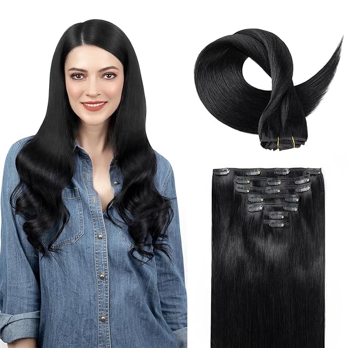 Clip in Hair Extensions Real Human Hair, Jet Black 100% Human Hair Extensions Clip in, Tangle-free Silky Straight Hair Extensions for Women, #1 18Inch 120G 7PCS