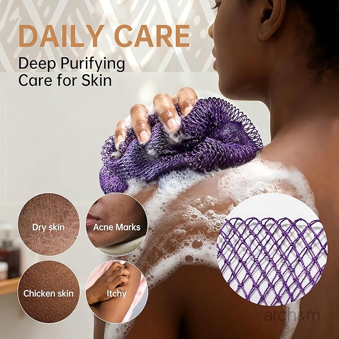 African Net Sponge Authentic Exfoliating - Authentic African Bath Sponges with Knots Exfoliating Body Scrubber for Women Back Scrub Exfoliator for Shower Bathroom Accessories Purple + Champagne ARCH&M