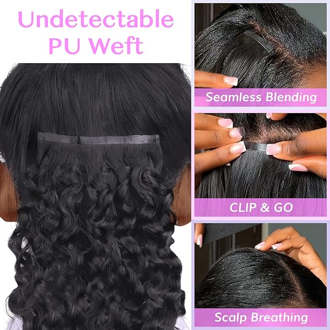 IDN BEAUTY Seamless Clip In Hair Extensions Human Hair, 18 Inch Natural Black Jerry Curl Burmese Wild Wave Curly Seamless Clip Ins For Black Women Virgin Hair PU Weft Invisible Edge 110g 7pcs
