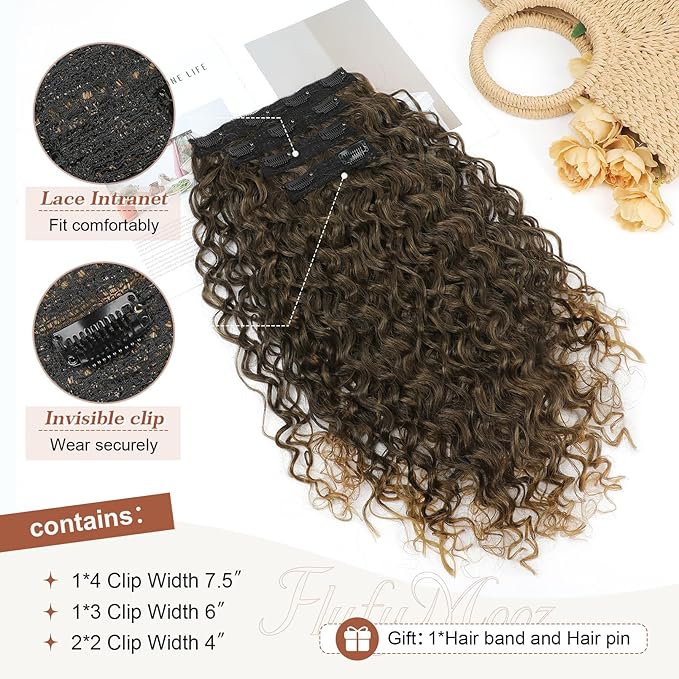 Flufymooz Clip in Hair Extensions, 4PC 100％ Pure Protein Silk Hair Extensions Long Soft Natural Hairpiece 20 Inch Curly Hair Extension for Women (Brown to Dirty Blonde)