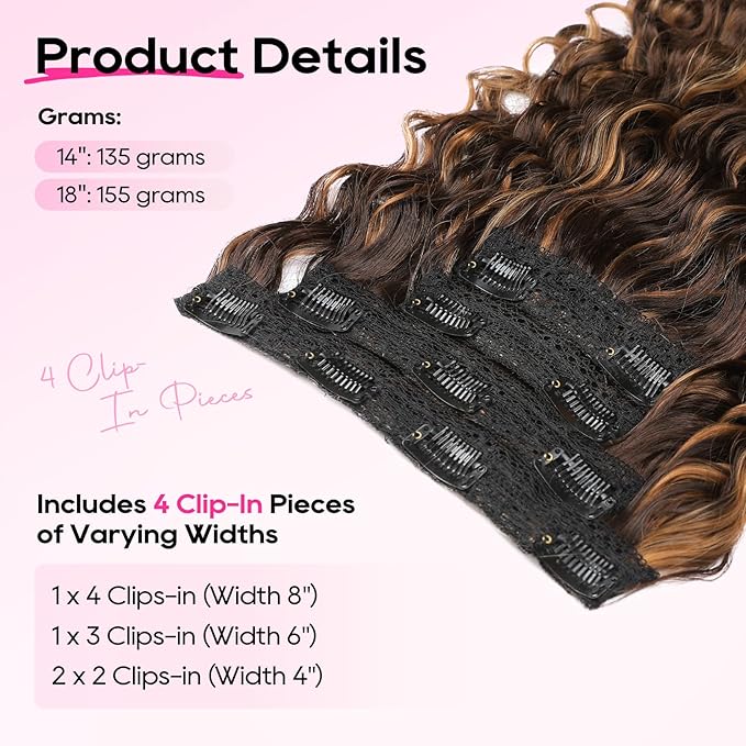 REECHO Curly Hair Extensions - 4PCS 14" GoGo Curly Clip in Hair Extensions 100% Super Protein Hairpieces with Invisible Lace Weft Silky Soft Natural Look - Chocolate Brown with Golden Highlights