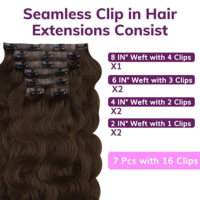 IDN BEAUTY Seamless Clip In Hair Extensions Real Human Hair Chocolate Brown Body Wave Seamless Clip Ins For Black Women PU Weft Invisible Edge Thick Ends 100g 14 Inch 7pcs Colored Extensions