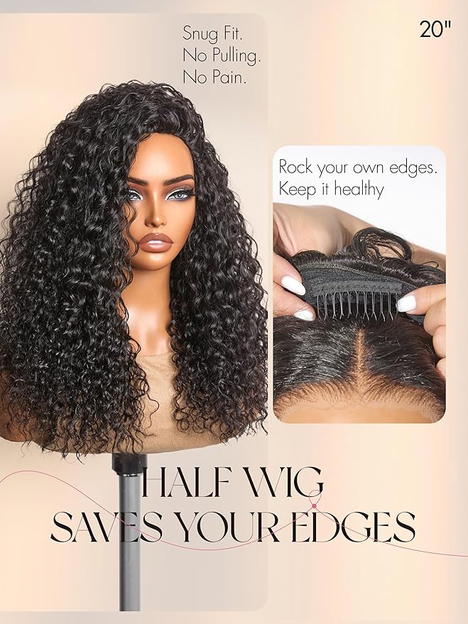 LUVME HAIR Half Wig Human Hair Water Wave Flexi-Fit Invisi Flip Drawstring Wig 200% Density Glueless Wigs 100% Human Hair Natural Black Ready to Go Headband Wig for Women