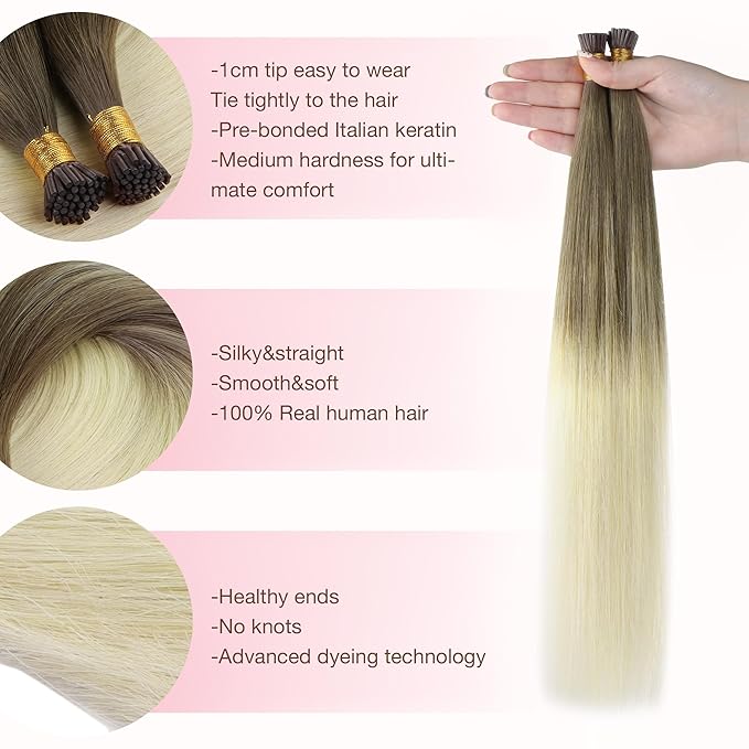 GOO GOO I Tip Hair Extensions Real Human Hair, 16inch 100g 200S, Cold Fusion I Tip Hair Extensions, Invisible Remy Hair Extensions, 9/60 Balayage Ash Brown to Platinum Blonde