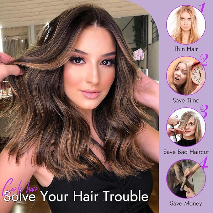 Brown Highlight Short Wavy Wig for Women Lace Hairline Bob Style Synthetic Heat Resistant - Natural Appearance for Everyday Hairstyle 18 Inch