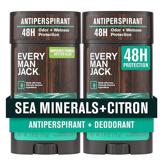 Every Man Jack Men’s Sea Minerals + Citron Antiperspirant Deodorant – New & Improved Formula – 48-Hour Odor & Sweat Defense– 2.6 oz (2 Pack)