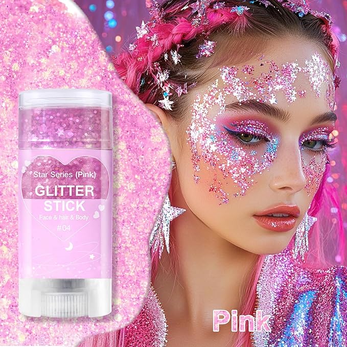 Pink Body Glitter Stick, Sparkling Pink Hair Glitter for Kids and Women, Waterproof Face Hair and Body Glitter Makeup, Rave Accessories Carnival Chunky Sequins