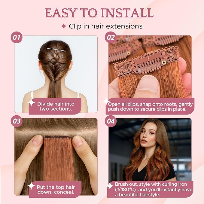 Clip in Hair Extensions Real Human Hair for Women, 16 Inch 40g 6pcs, Pink, Straight - Highlight, Add Volume and Length for Daily Wear, Parties, Weddings