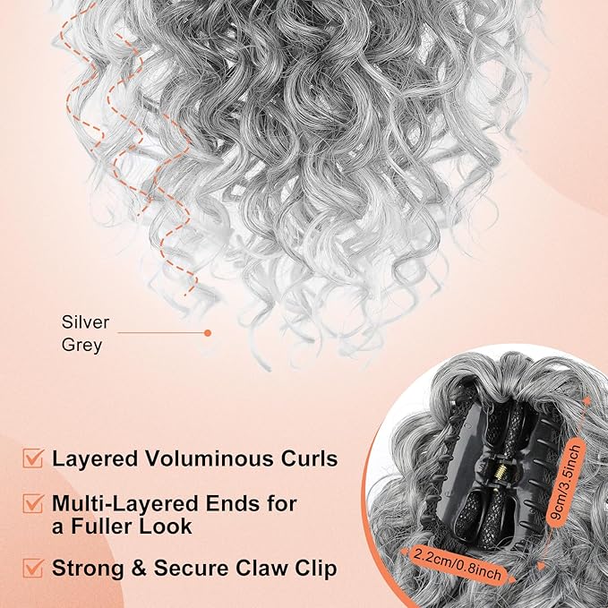 SEIKEA Ponytail Extension, 18" Claw Clip Ponytail Extension Wavy Curly Jaw Clip in Ponytail Hair Extensions Fluffy Natural Soft Fake Pony Tails Synthetic Hairpiece Silver Grey