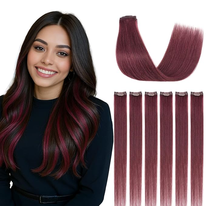 Clip in Hair Extensions Real Human Hair for Women, 16 Inch 40g 6pcs, Wine Red, Straight - Highlight, Add Volume and Length for Daily Wear, Parties, Weddings