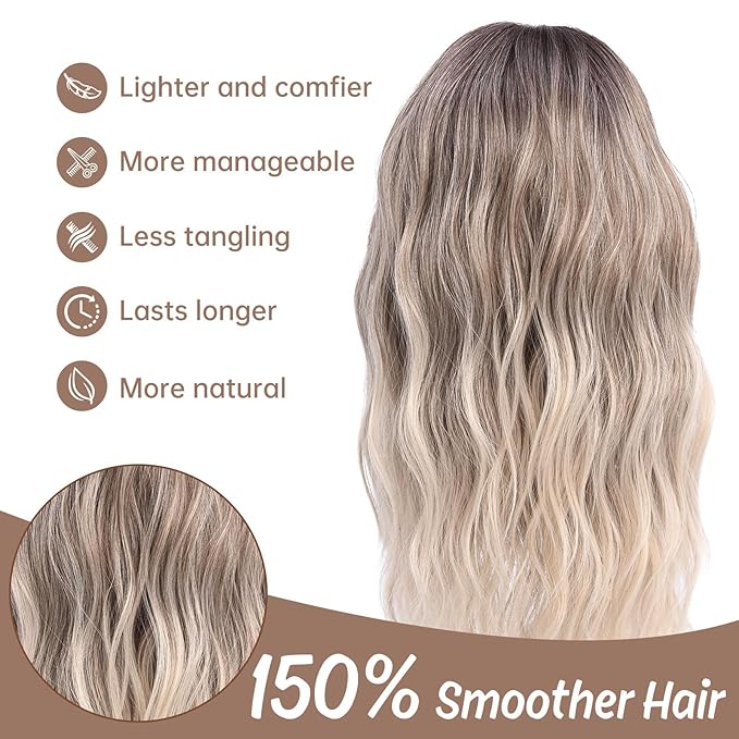 Medium Length Ombre Blonde Ash Wavy Wigs for Women 18 Inch Middle Part Wavy Blond Wig Natural Looking Dirty Blonde Synthetic Heat Resistant Fiber Dark Roots Wig for Daily Party Halloween