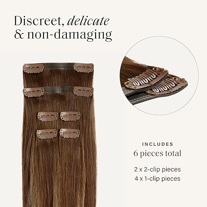 Luxy 100% Remy Human Hair Extensions for Thin Hair Thinning Hair Fill-Ins – 6 Seamless Wefts Multi-Dimensional Color Blend - Natural-Looking Volume & Coverage 50 grams 12" Chestnut Brown Balayage