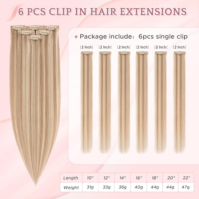 SEGO Single Clip In Hair Extensions Real Human Hair 6 Pcs Individual Clip Ins Highlight Remy Balayage Straight Soft Seamless Hairpieces for Women -22 Inch #12P613 Golden Brown&Bleach Blonde