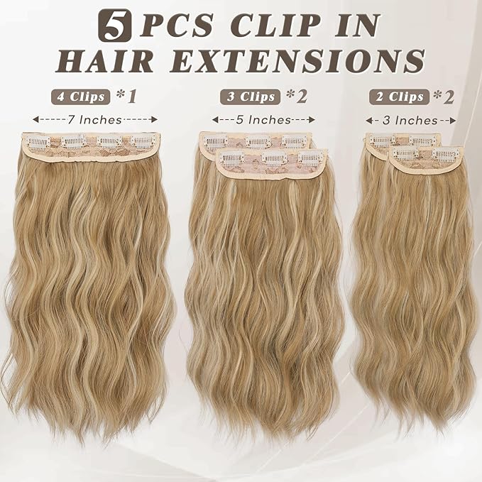 BARSDAR Short Wavy Clip in Hair Extensions - 14 Inch Highlight Hair Extensions Clip ins for Women - 5PCs Thick Soft Synthetic Loose Wave Clip in Hairpieces – Golden Blonde with Highlights