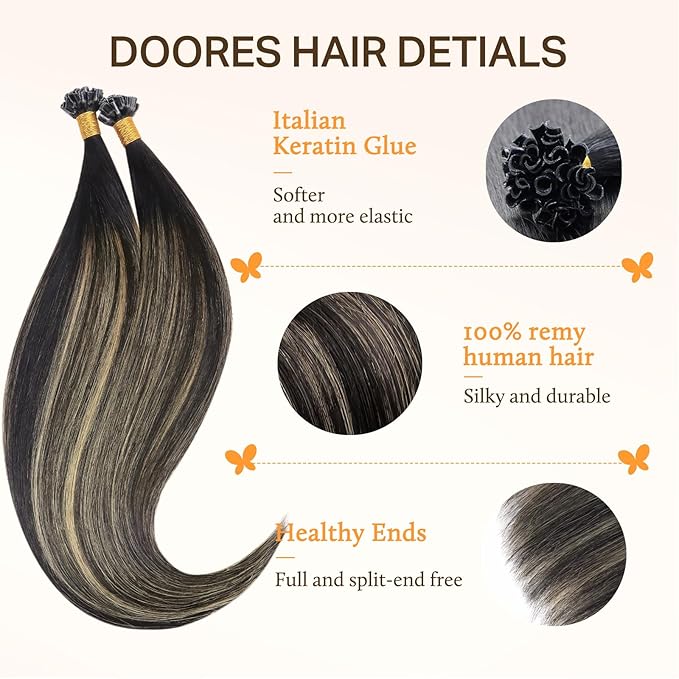 DOORES U Tip Hair Extensions Human Hair, Natural Black to Light Blonde 16 Inch 50g/50s, K Tip Extensions